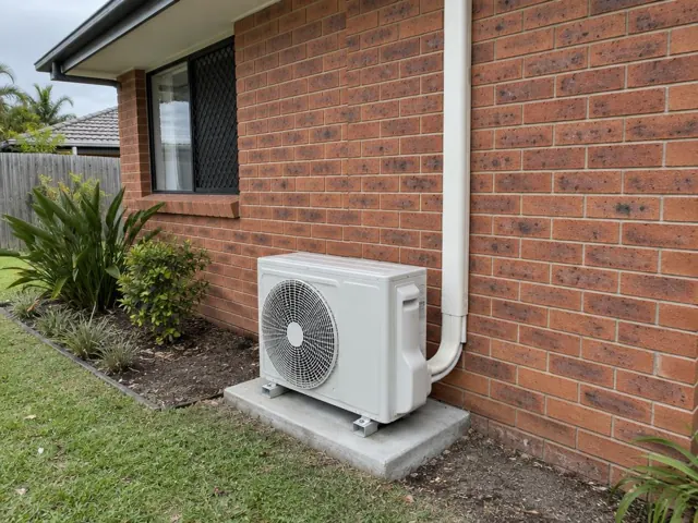 Outdoor air conditioner unit on a concrete pad beside a brick house wall in Hope Island
